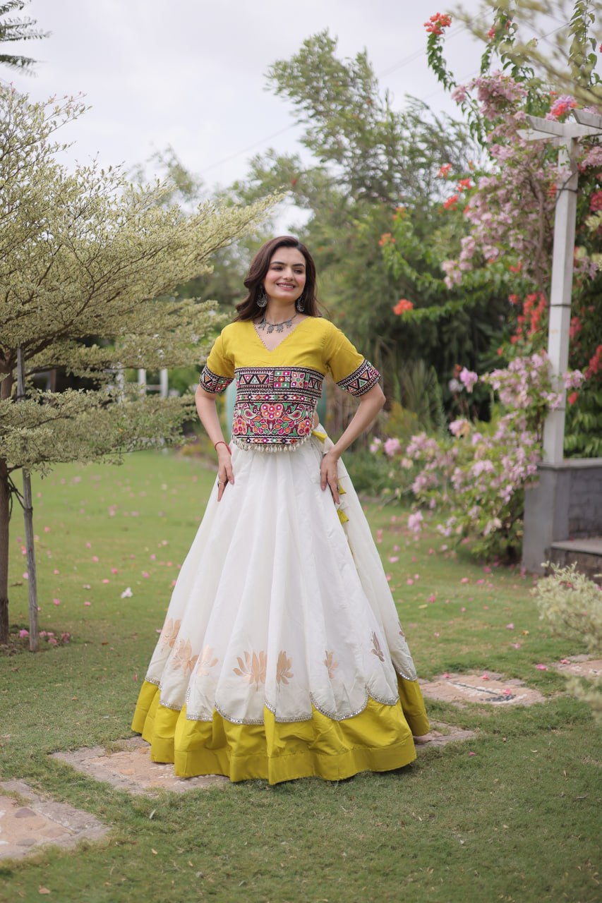 Navratri Roman Fabric Lehenga Choli with Kutchi Gamthi Embroidery