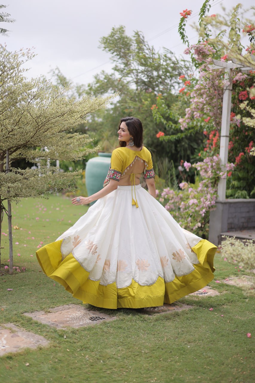 Navratri Roman Fabric Lehenga Choli with Kutchi Gamthi Embroidery