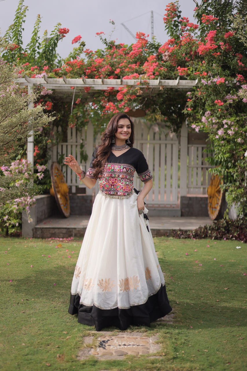 Navratri Roman Fabric Lehenga Choli with Kutchi Gamthi Embroidery
