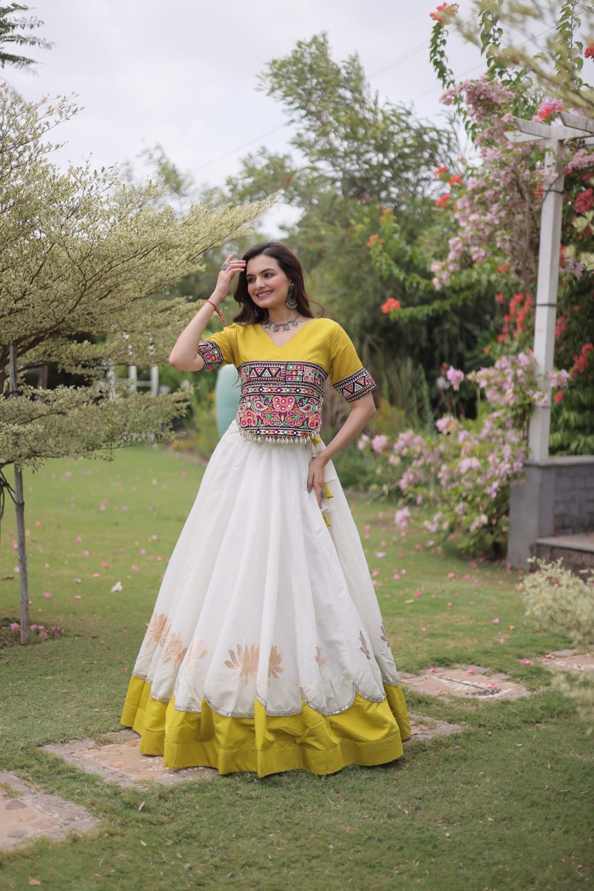 Navratri Roman Fabric Lehenga Choli with Kutchi Gamthi Embroidery