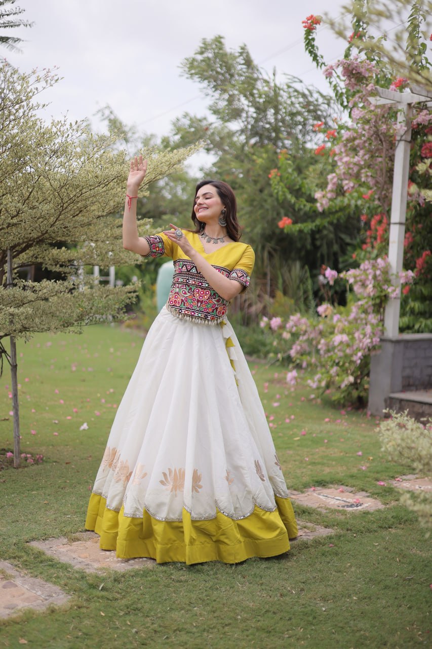 Navratri Roman Fabric Lehenga Choli with Kutchi Gamthi Embroidery