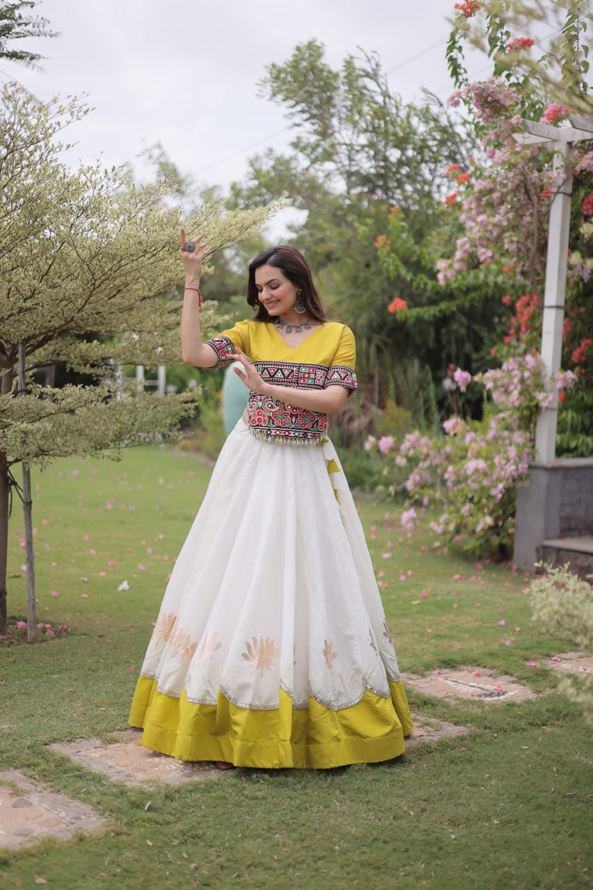 Navratri Roman Fabric Lehenga Choli with Kutchi Gamthi Embroidery