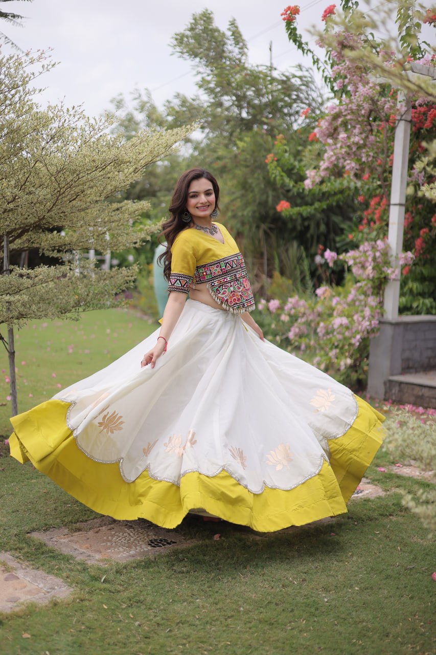 Navratri Roman Fabric Lehenga Choli with Kutchi Gamthi Embroidery