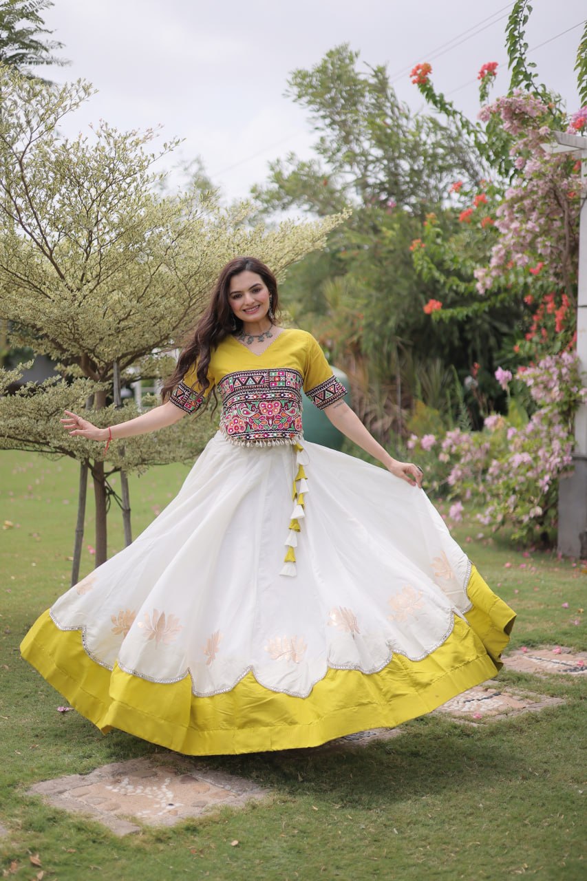 Navratri Roman Fabric Lehenga Choli with Kutchi Gamthi Embroidery