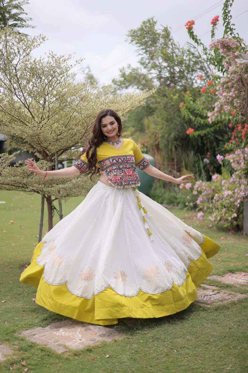 Navratri Roman Fabric Lehenga Choli with Kutchi Gamthi Embroidery