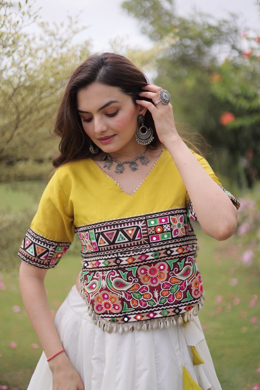 Navratri Roman Fabric Lehenga Choli with Kutchi Gamthi Embroidery