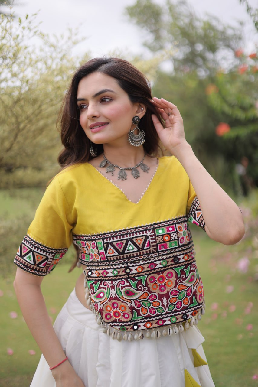 Navratri Roman Fabric Lehenga Choli with Kutchi Gamthi Embroidery