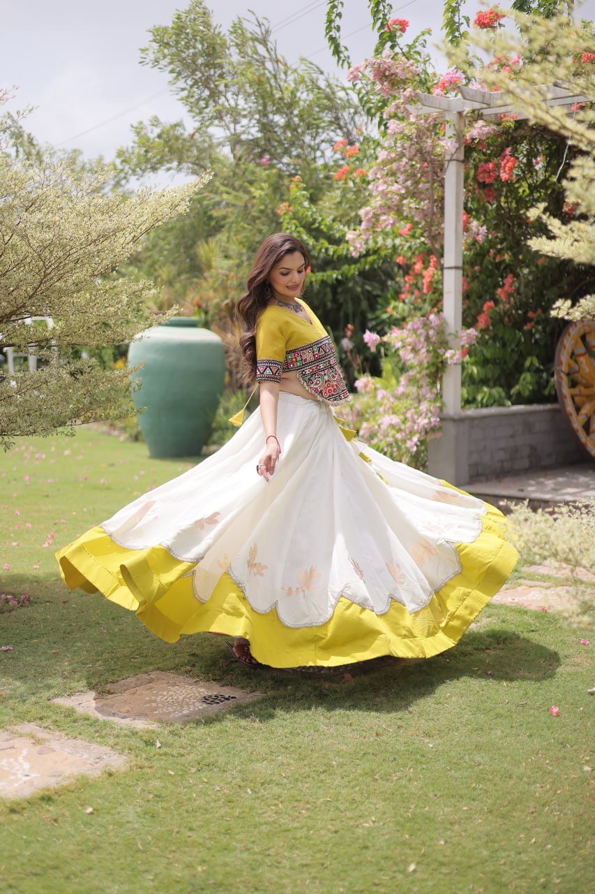 Navratri Roman Fabric Lehenga Choli with Kutchi Gamthi Embroidery