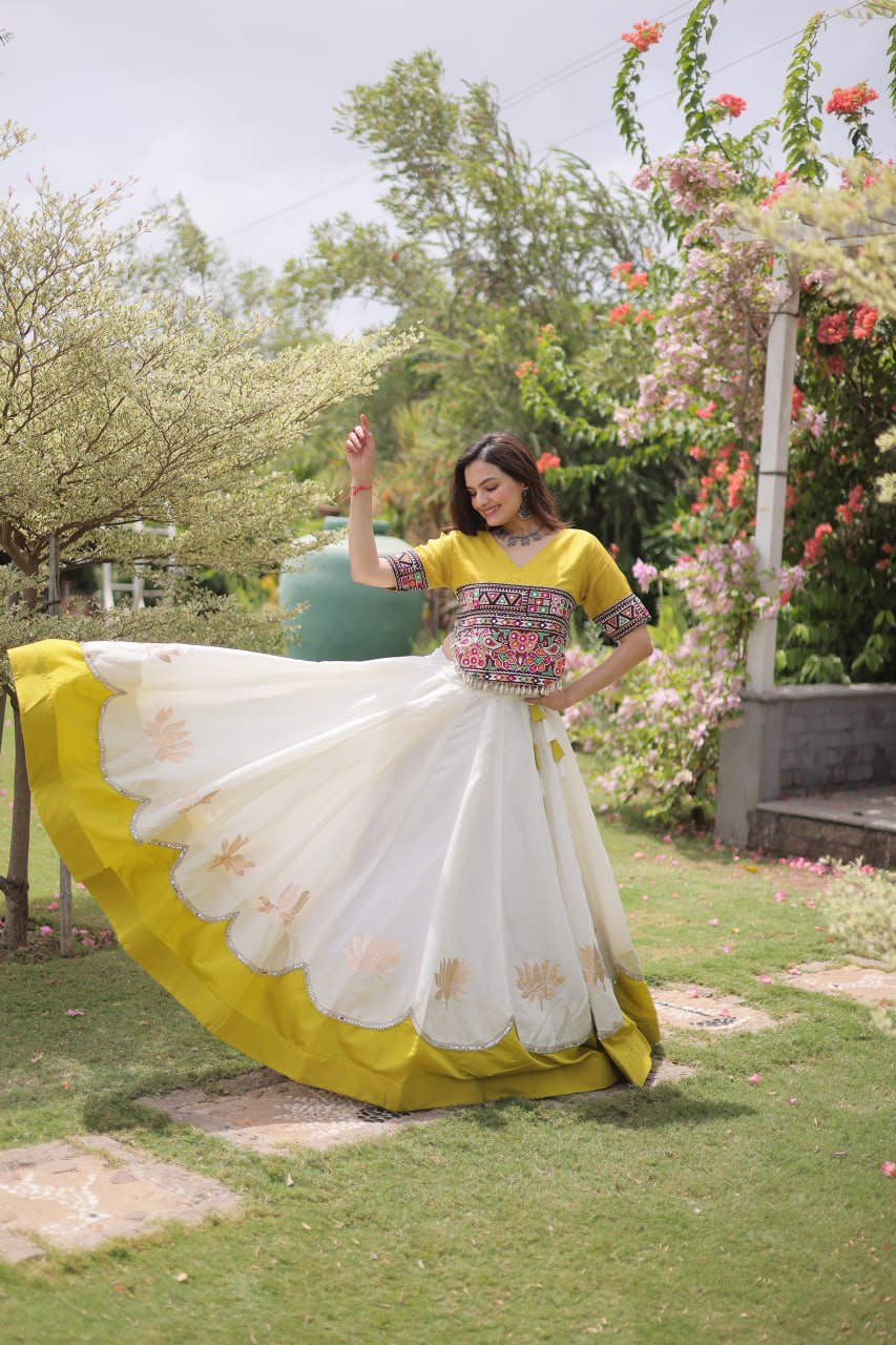 Navratri Roman Fabric Lehenga Choli with Kutchi Gamthi Embroidery