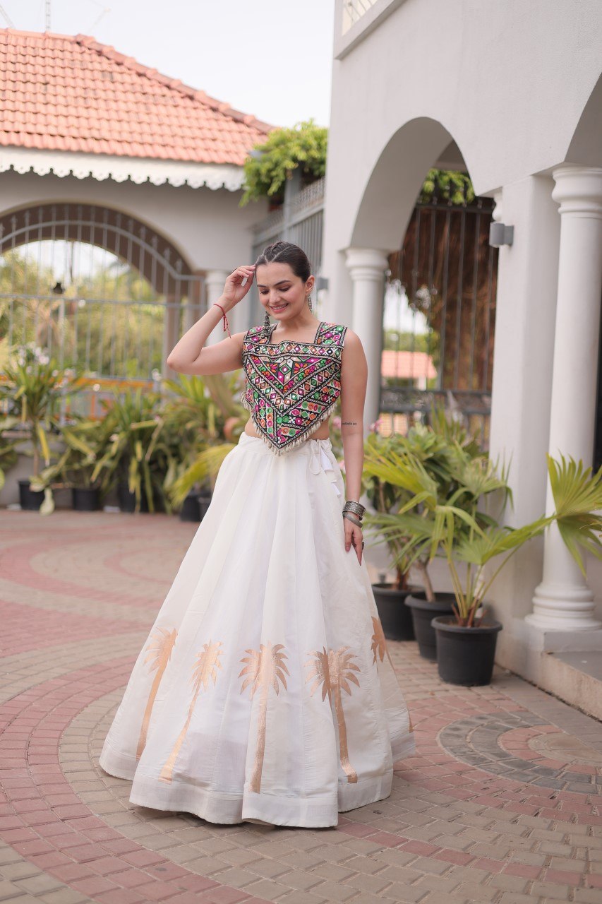 Navratri Roman Silk Lehenga Choli with Kutchi Gamthi Embroidery