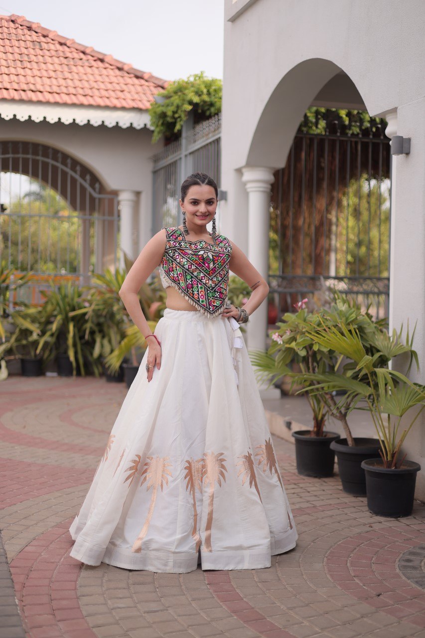 Navratri Roman Silk Lehenga Choli with Kutchi Gamthi Embroidery