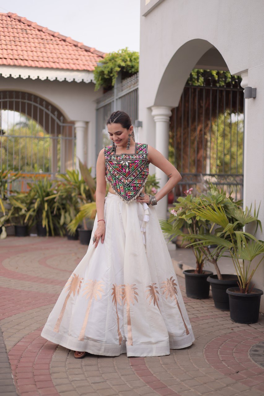 Navratri Roman Silk Lehenga Choli with Kutchi Gamthi Embroidery