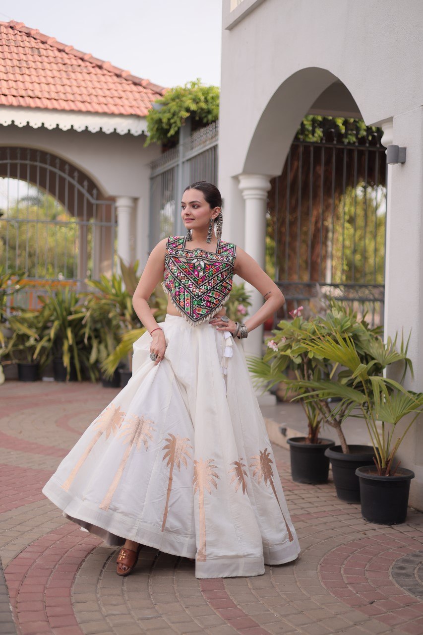 Navratri Roman Silk Lehenga Choli with Kutchi Gamthi Embroidery