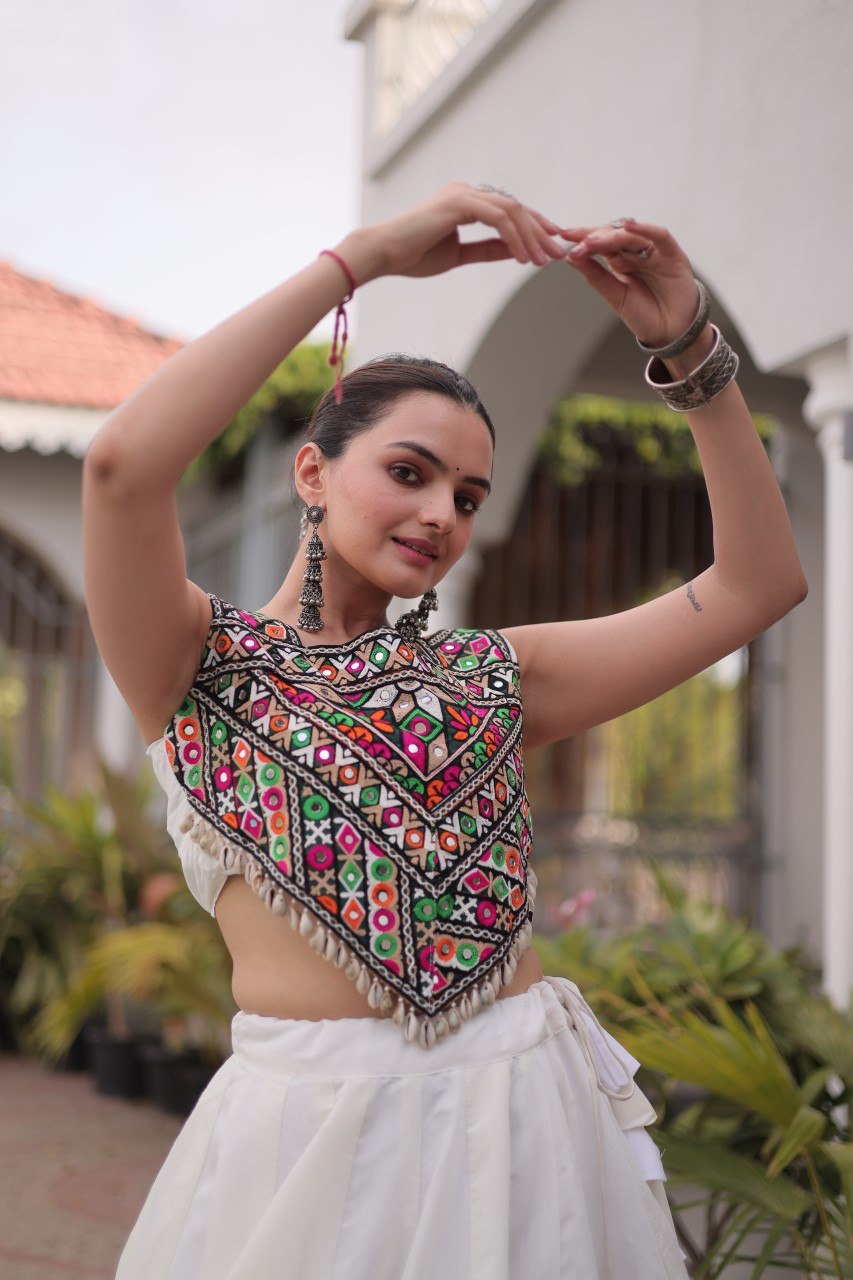 Navratri Roman Silk Lehenga Choli with Kutchi Gamthi Embroidery