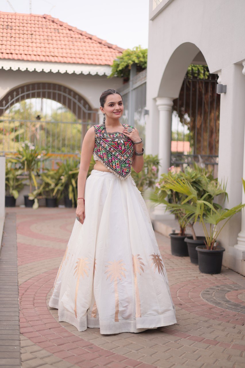 Navratri Roman Silk Lehenga Choli with Kutchi Gamthi Embroidery