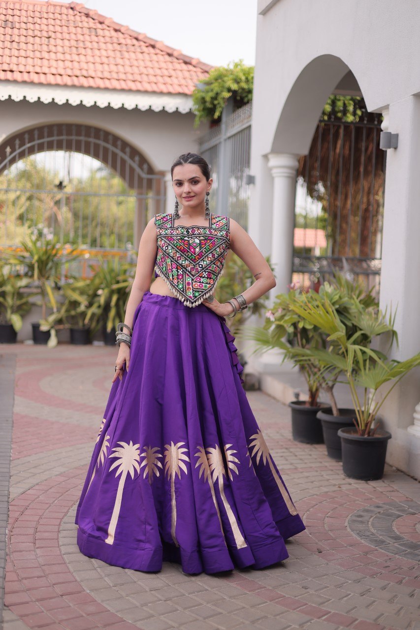 Navratri Roman Silk Lehenga Choli with Kutchi Gamthi Embroidery