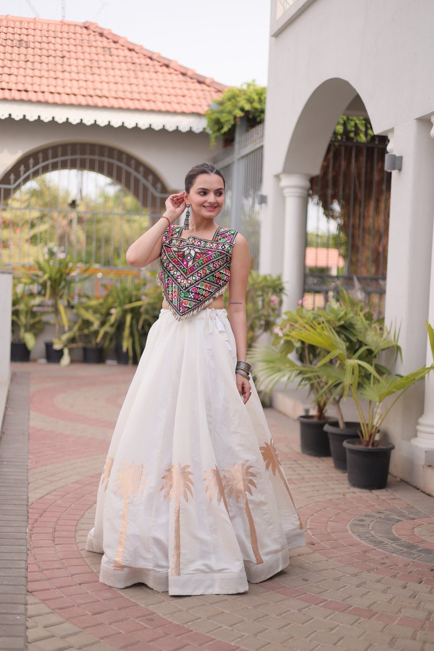 Navratri Roman Silk Lehenga Choli with Kutchi Gamthi Embroidery