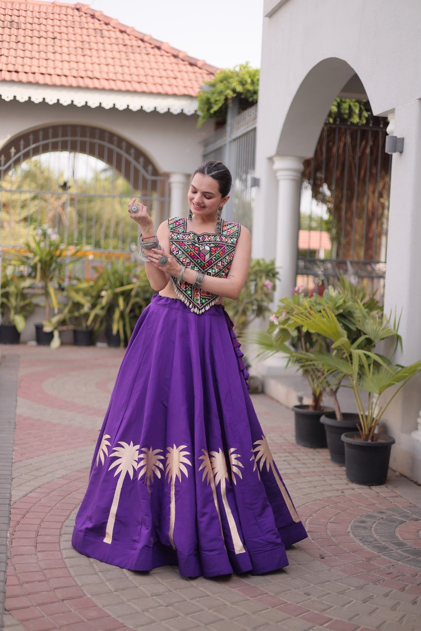 Navratri Roman Silk Lehenga Choli with Kutchi Gamthi Embroidery