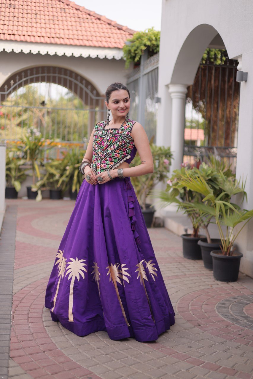 Navratri Roman Silk Lehenga Choli with Kutchi Gamthi Embroidery
