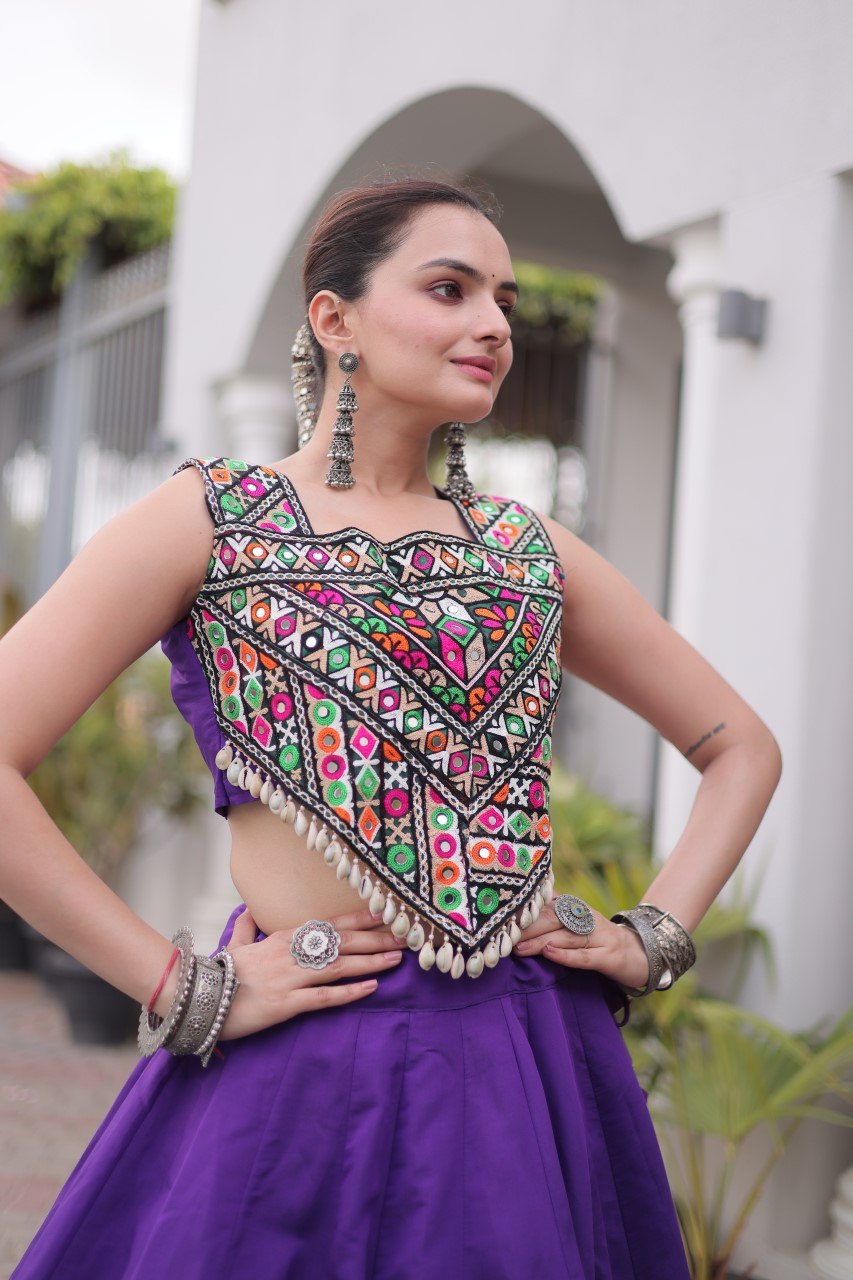 Navratri Roman Silk Lehenga Choli with Kutchi Gamthi Embroidery