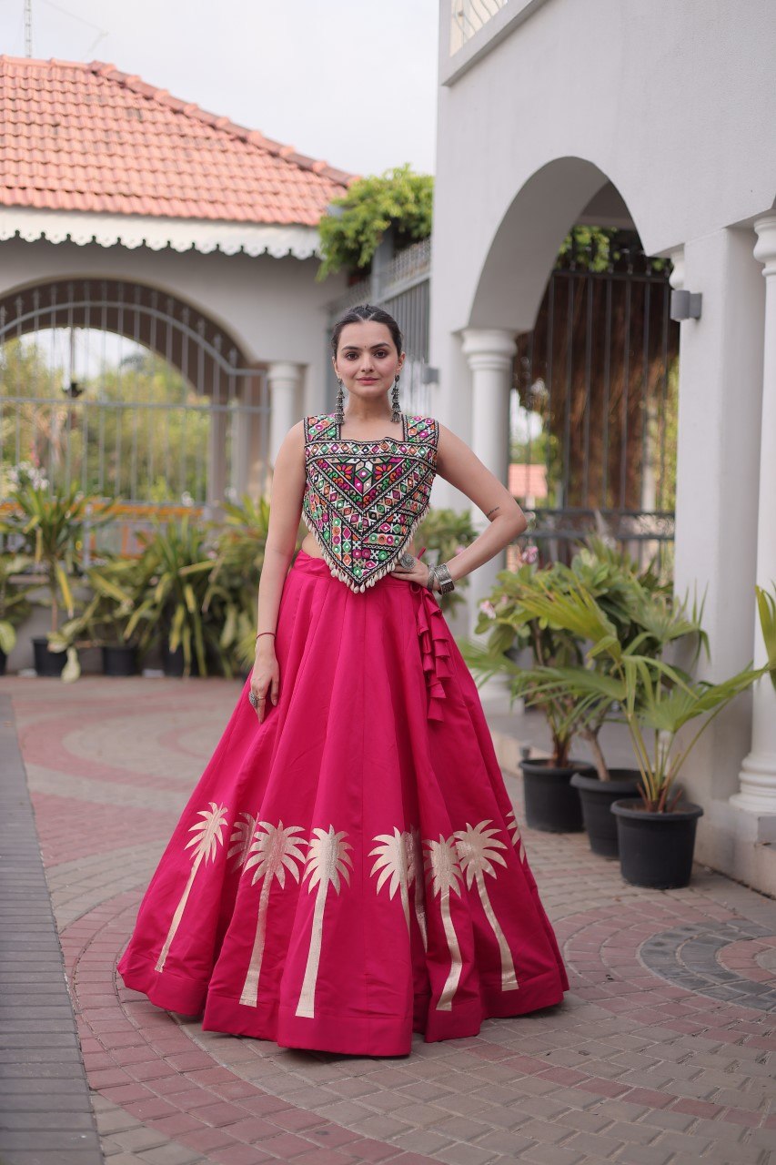 Navratri Roman Silk Lehenga Choli with Kutchi Gamthi Embroidery