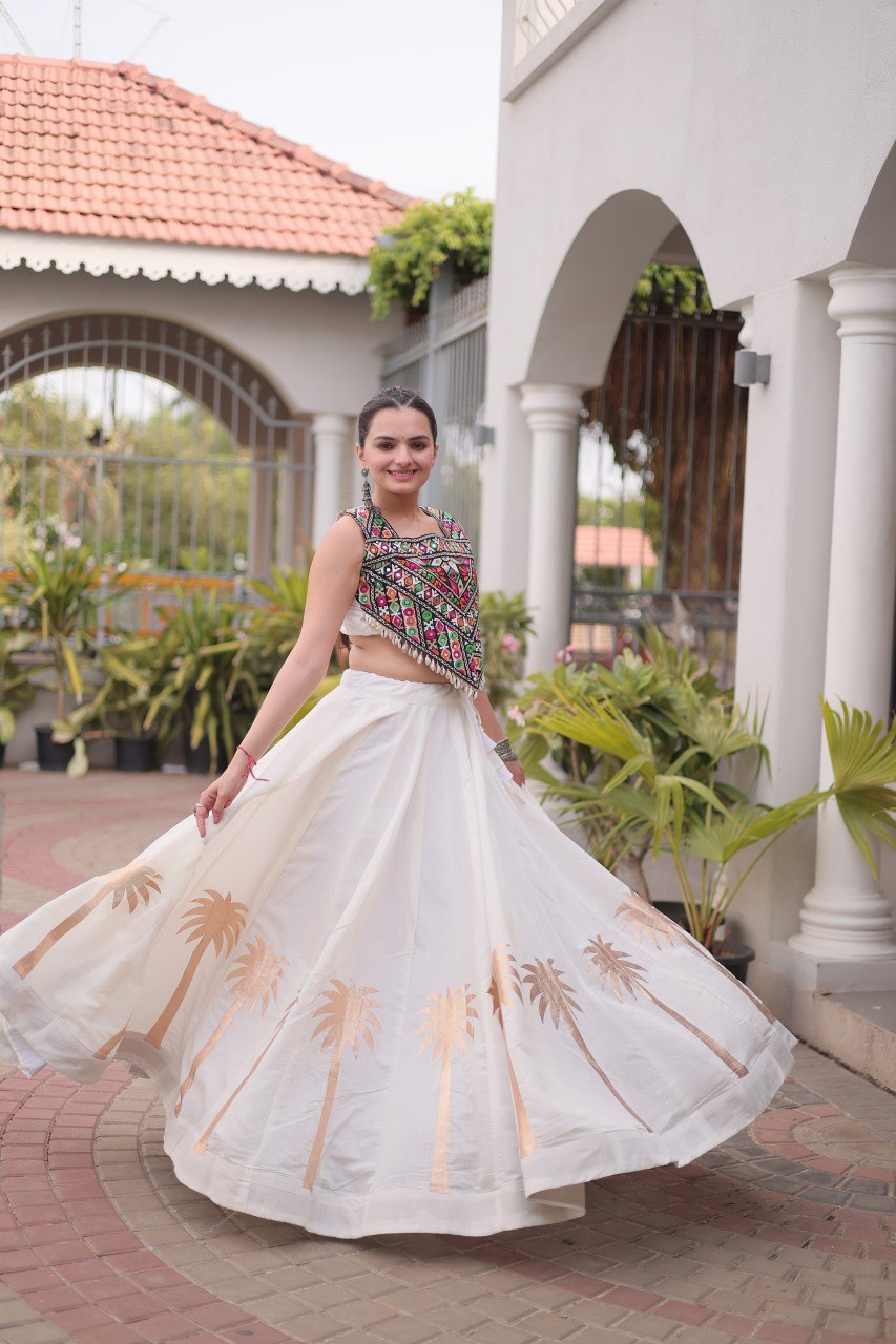 Navratri Roman Silk Lehenga Choli with Kutchi Gamthi Embroidery
