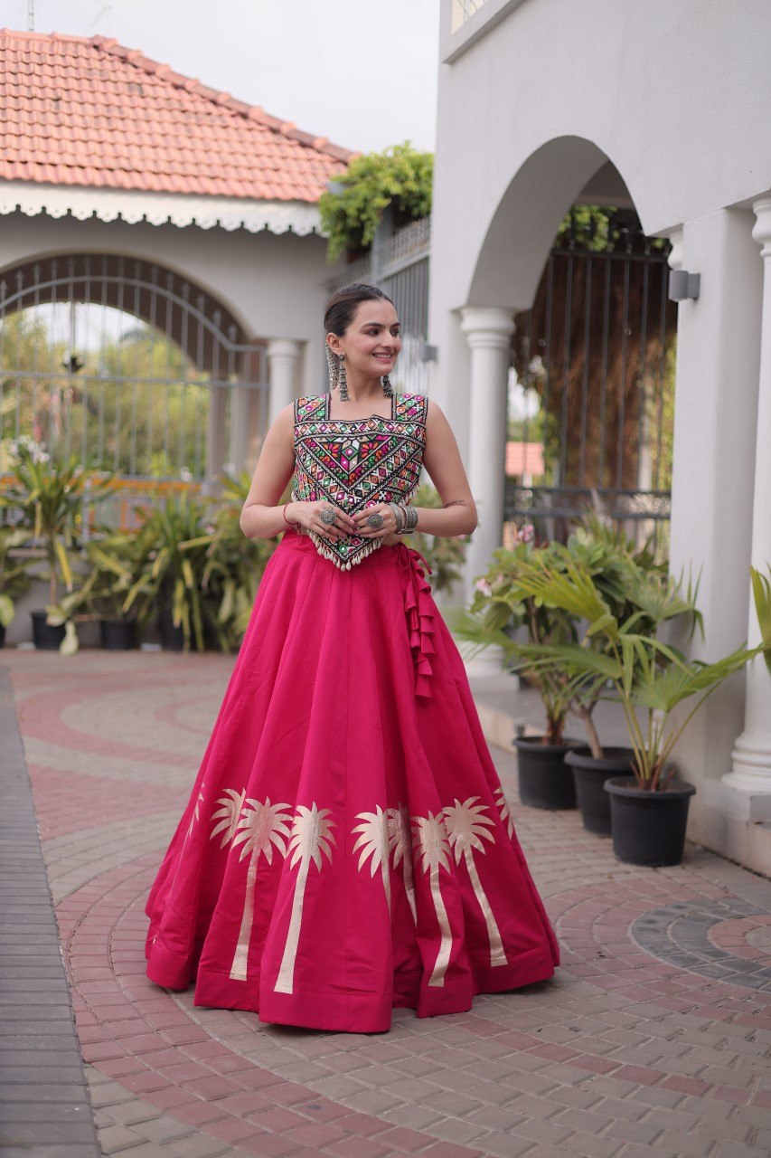 Navratri Roman Silk Lehenga Choli with Kutchi Gamthi Embroidery