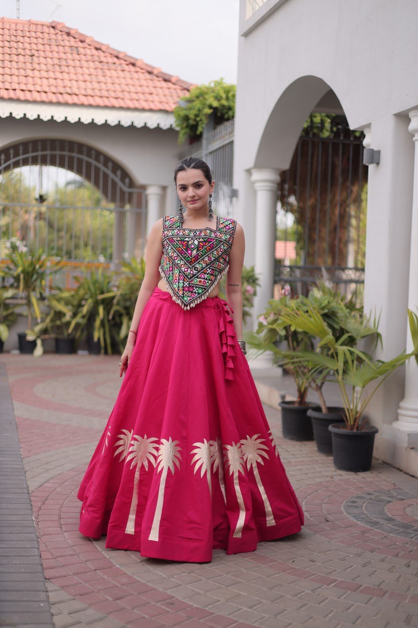 Navratri Roman Silk Lehenga Choli with Kutchi Gamthi Embroidery
