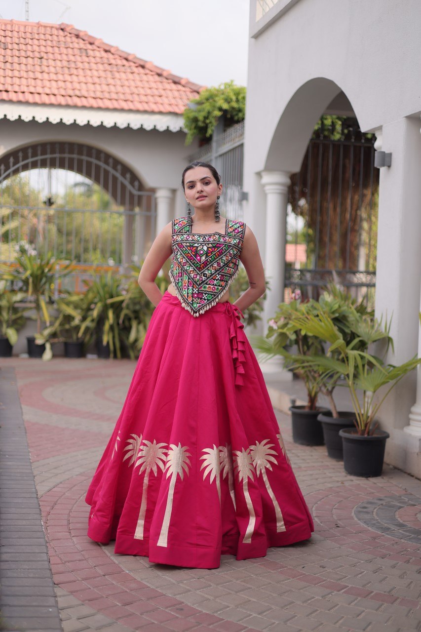 Navratri Roman Silk Lehenga Choli with Kutchi Gamthi Embroidery