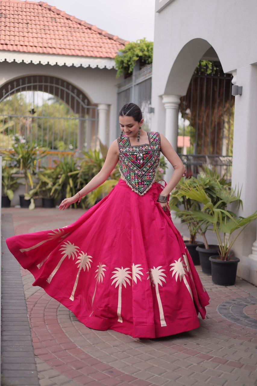 Navratri Roman Silk Lehenga Choli with Kutchi Gamthi Embroidery