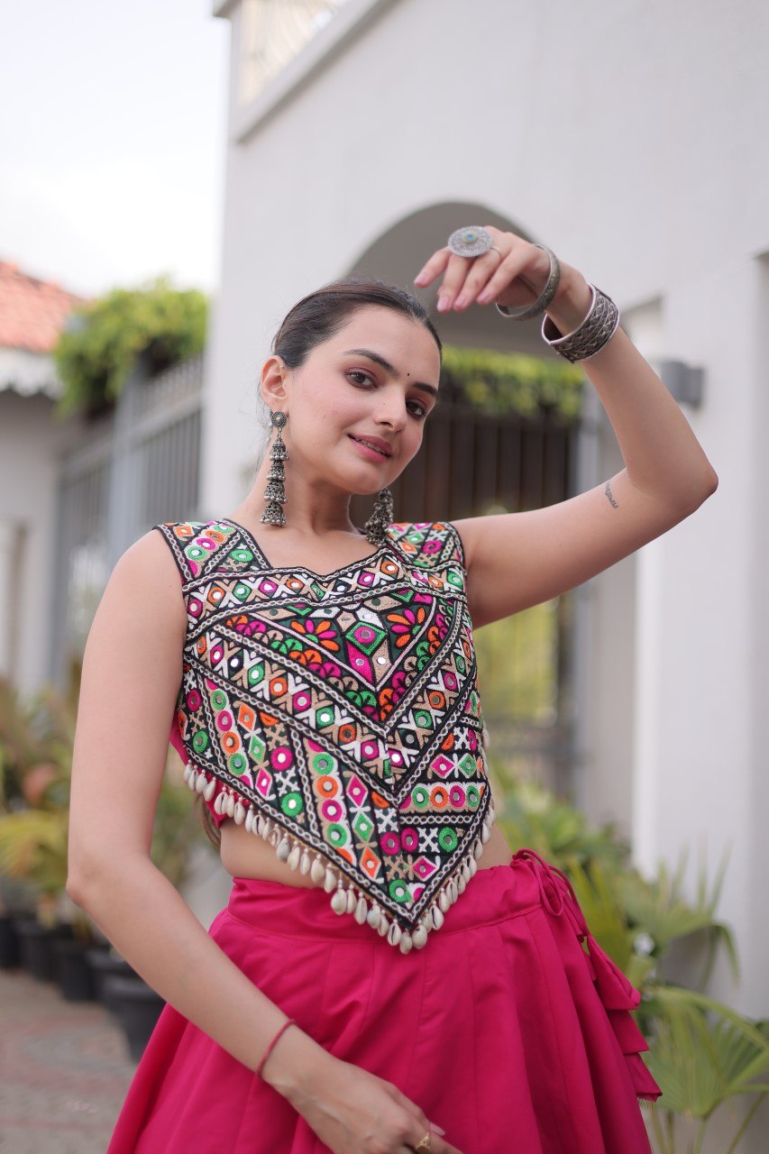 Navratri Roman Silk Lehenga Choli with Kutchi Gamthi Embroidery