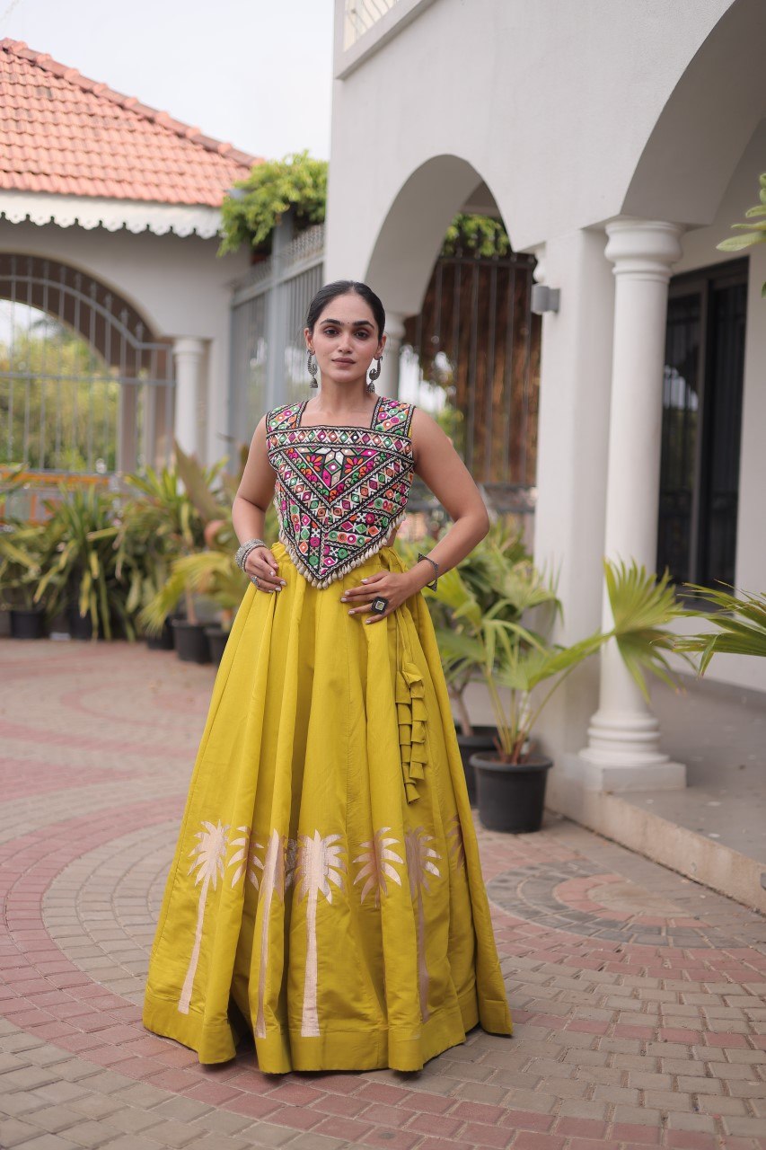 Navratri Roman Silk Lehenga Choli with Kutchi Gamthi Embroidery