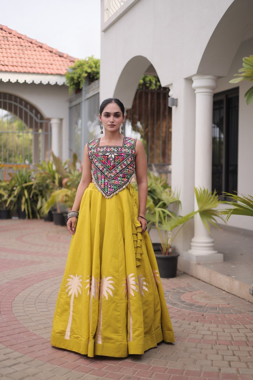 Navratri Roman Silk Lehenga Choli with Kutchi Gamthi Embroidery