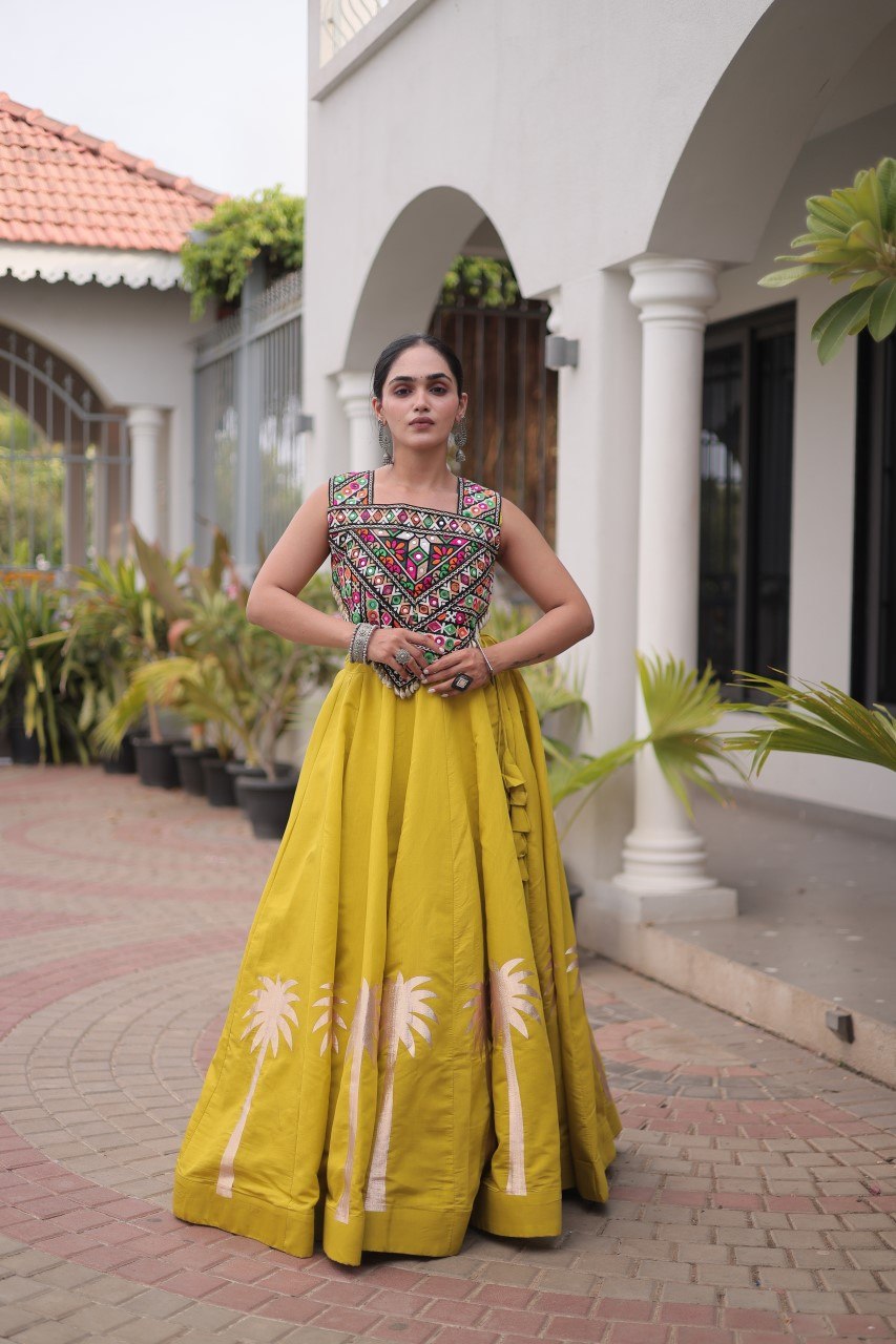 Navratri Roman Silk Lehenga Choli with Kutchi Gamthi Embroidery
