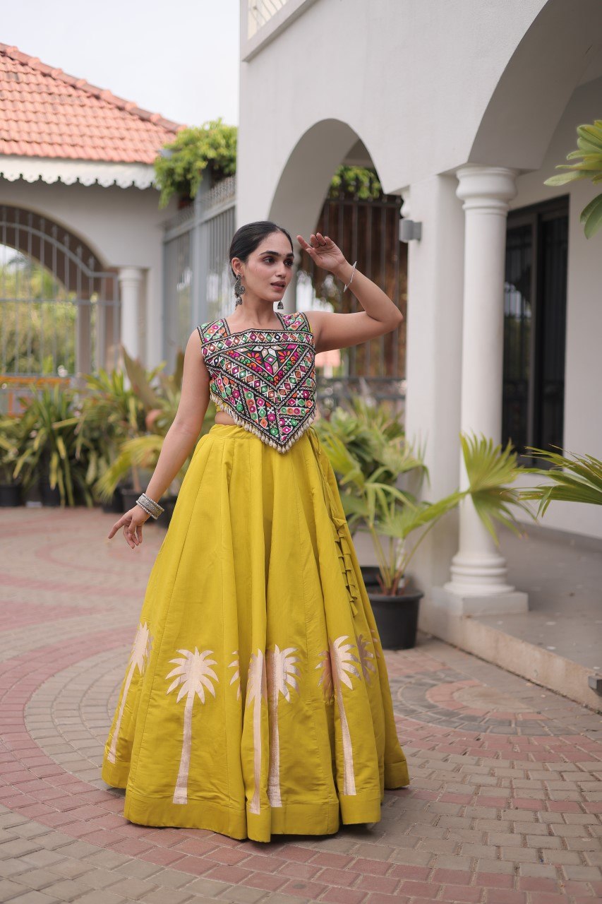 Navratri Roman Silk Lehenga Choli with Kutchi Gamthi Embroidery