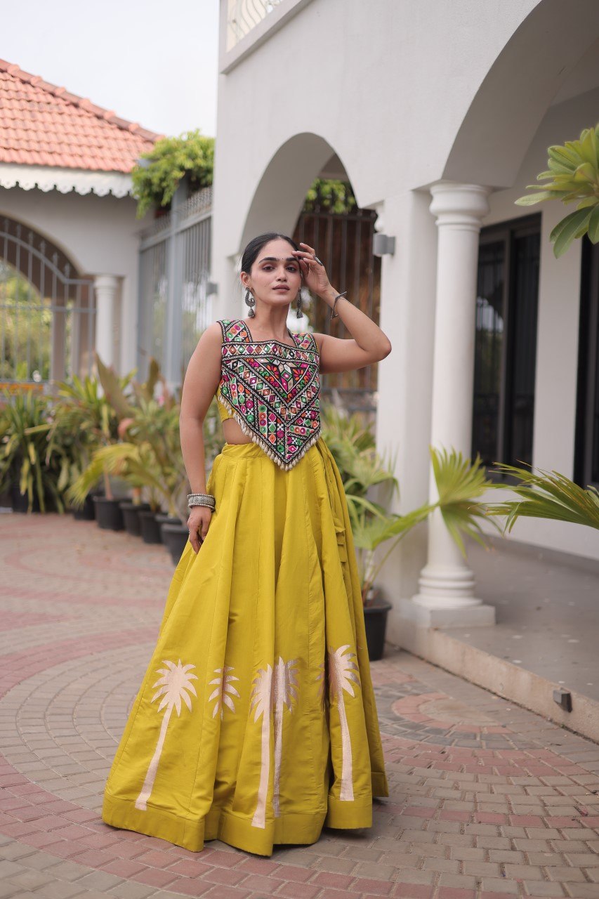 Navratri Roman Silk Lehenga Choli with Kutchi Gamthi Embroidery