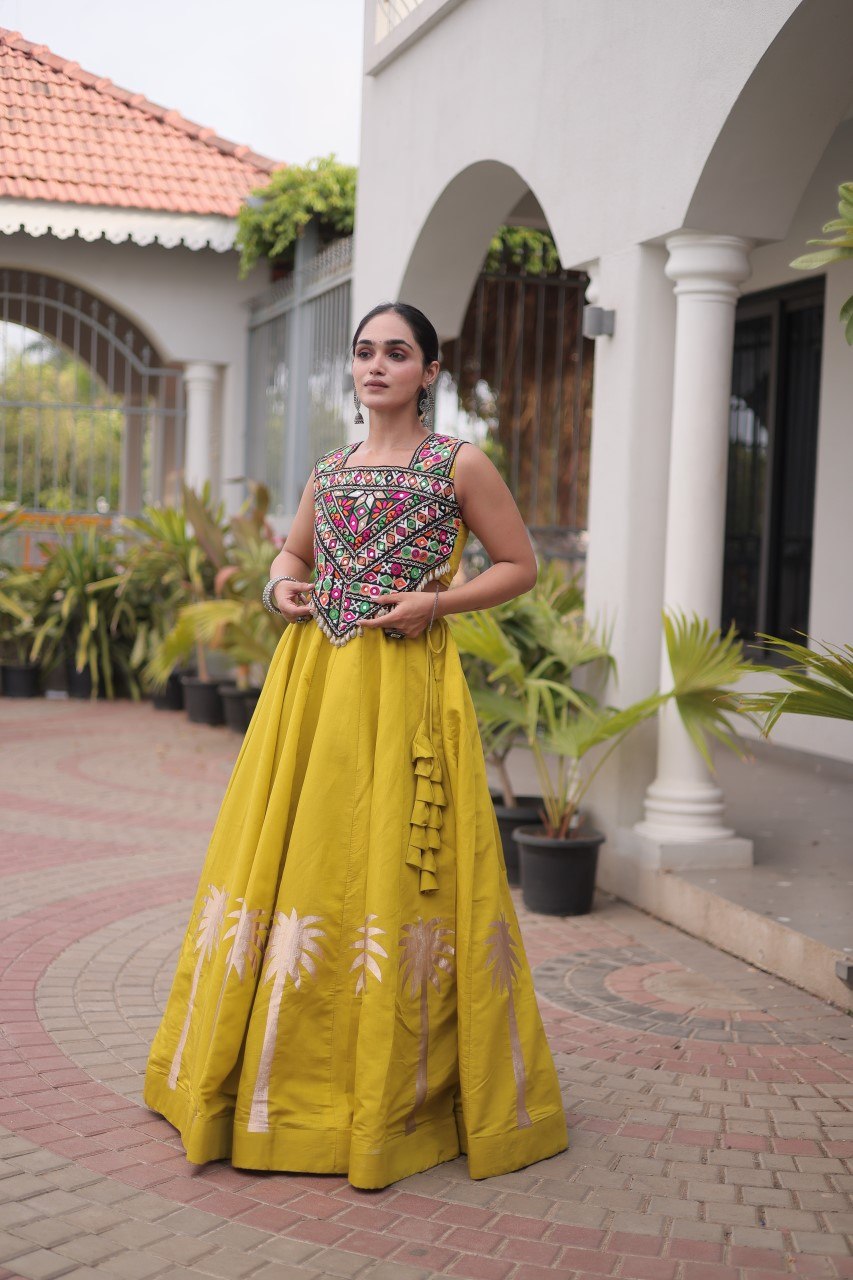 Navratri Roman Silk Lehenga Choli with Kutchi Gamthi Embroidery