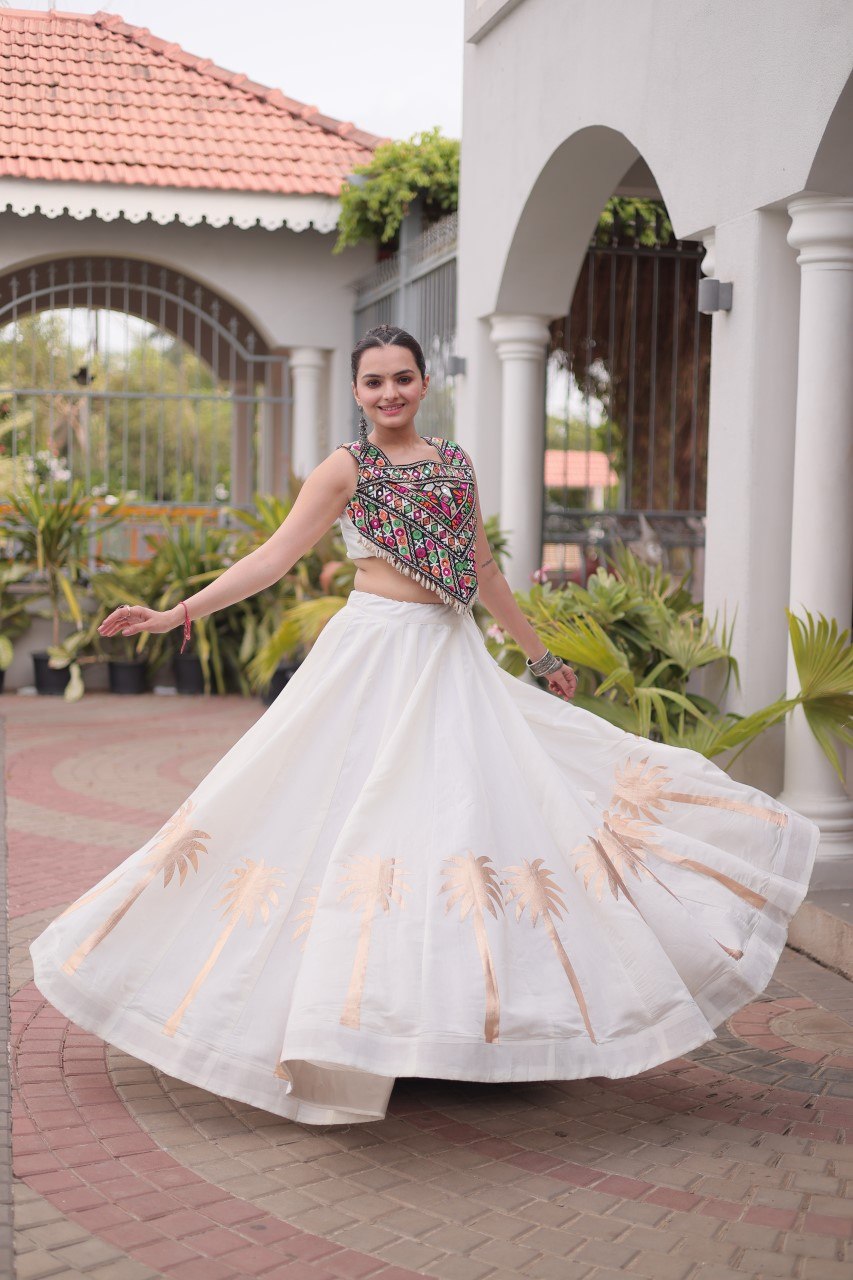 Navratri Roman Silk Lehenga Choli with Kutchi Gamthi Embroidery
