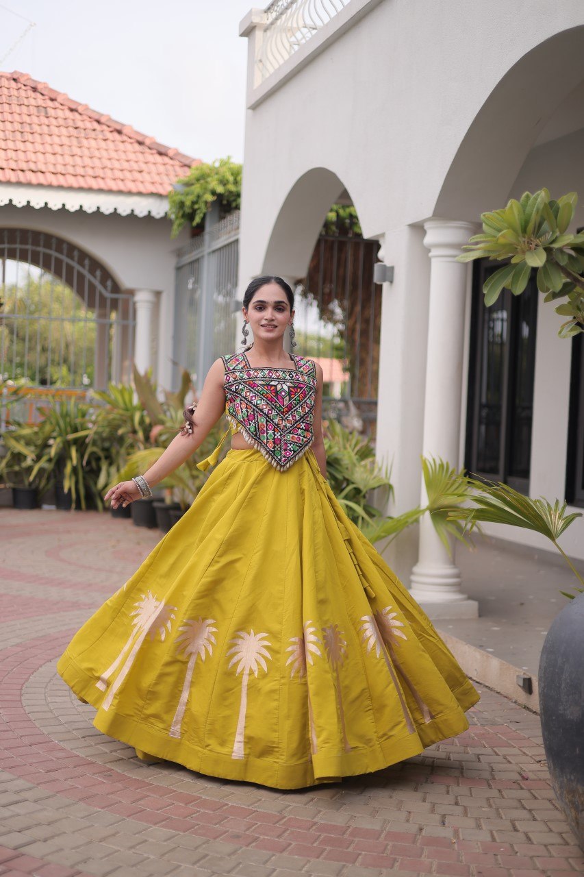 Navratri Roman Silk Lehenga Choli with Kutchi Gamthi Embroidery