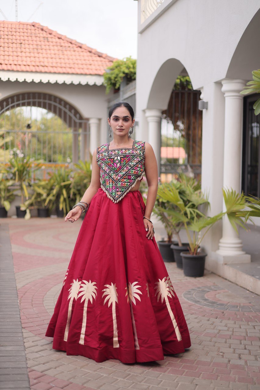 Navratri Roman Silk Lehenga Choli with Kutchi Gamthi Embroidery