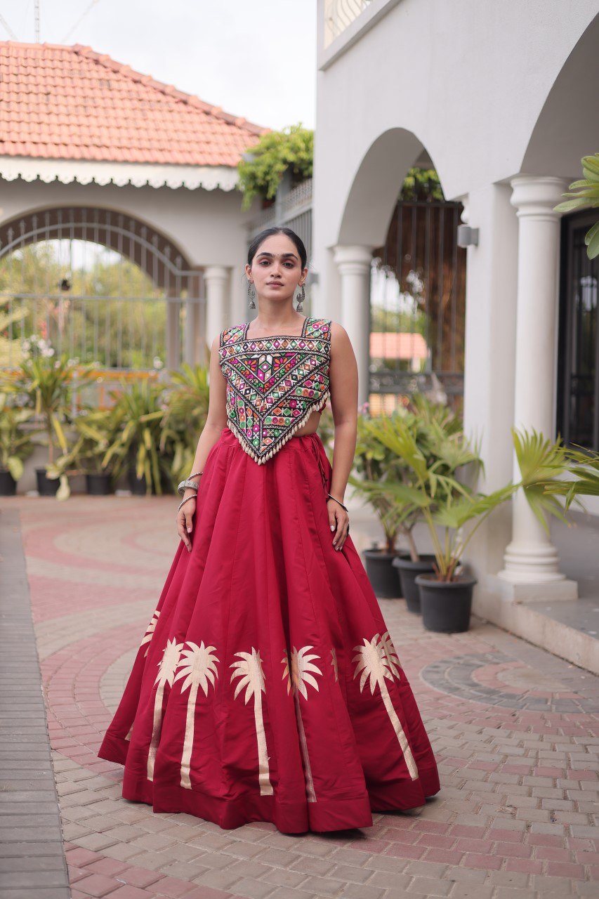 Navratri Roman Silk Lehenga Choli with Kutchi Gamthi Embroidery