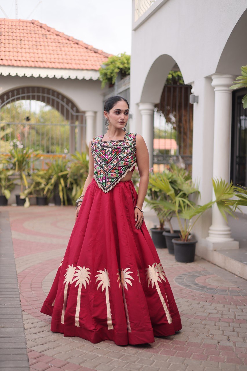 Navratri Roman Silk Lehenga Choli with Kutchi Gamthi Embroidery