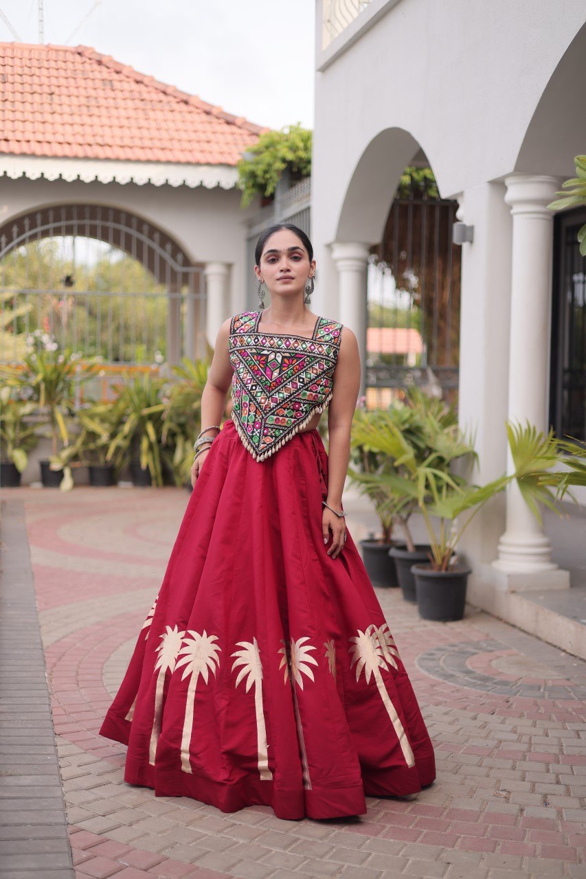 Navratri Roman Silk Lehenga Choli with Kutchi Gamthi Embroidery