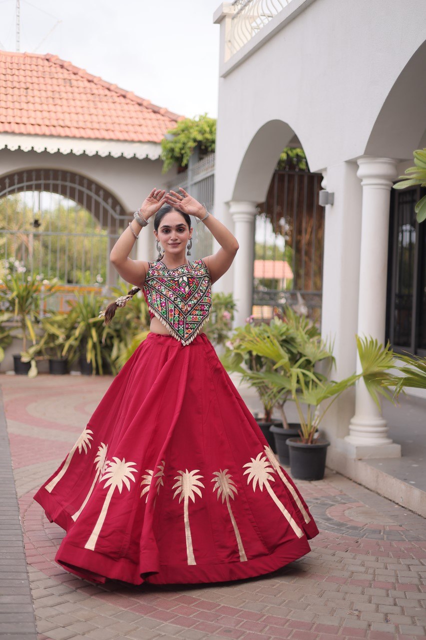 Navratri Roman Silk Lehenga Choli with Kutchi Gamthi Embroidery