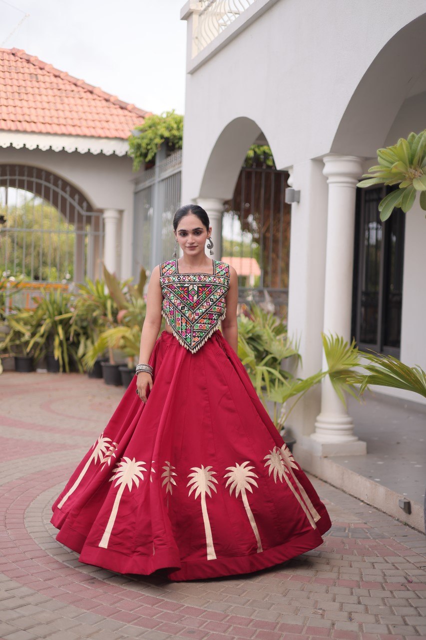 Navratri Roman Silk Lehenga Choli with Kutchi Gamthi Embroidery