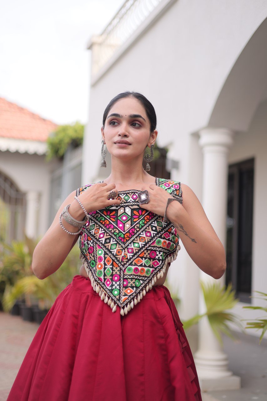 Navratri Roman Silk Lehenga Choli with Kutchi Gamthi Embroidery
