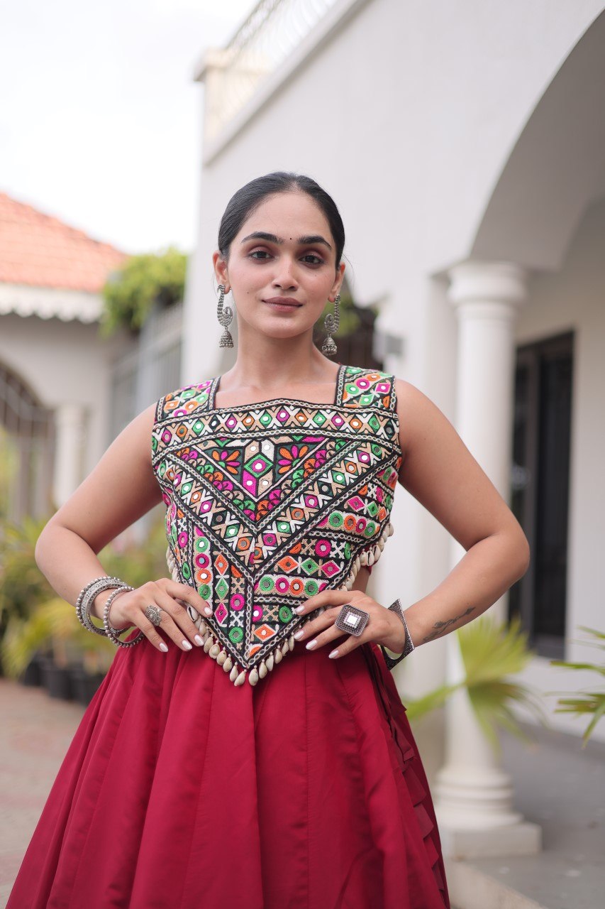 Navratri Roman Silk Lehenga Choli with Kutchi Gamthi Embroidery