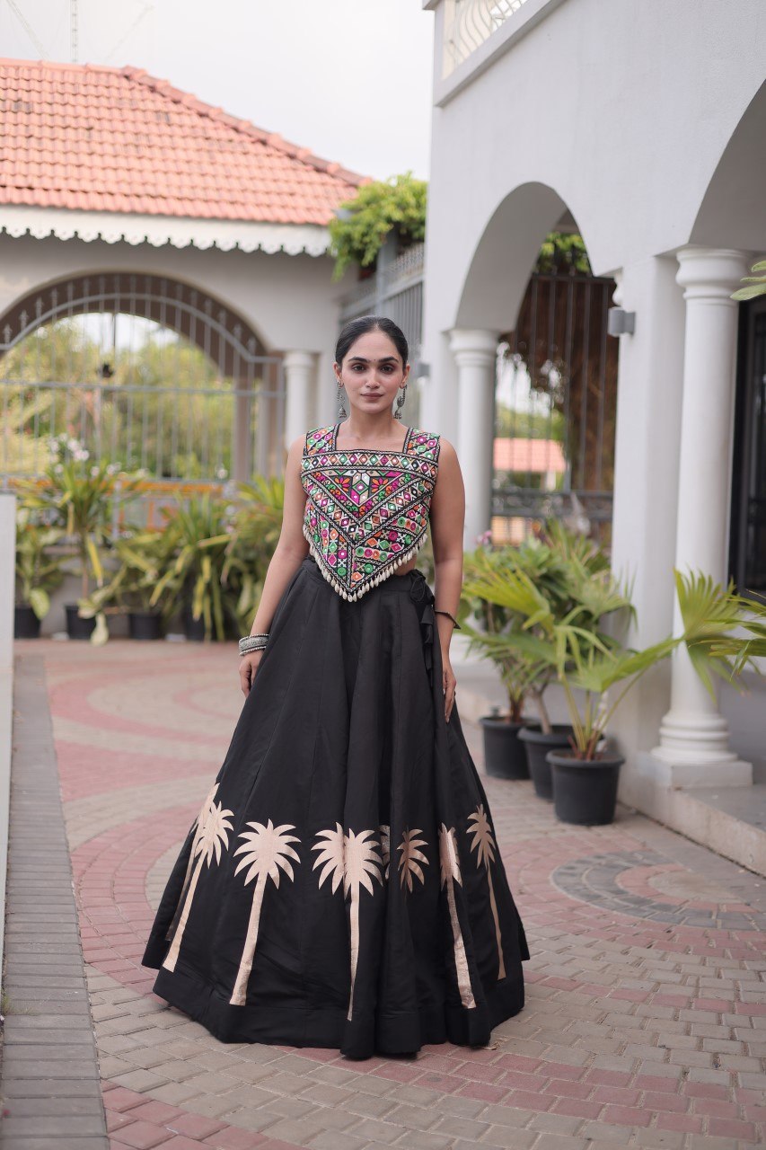 Navratri Roman Silk Lehenga Choli with Kutchi Gamthi Embroidery