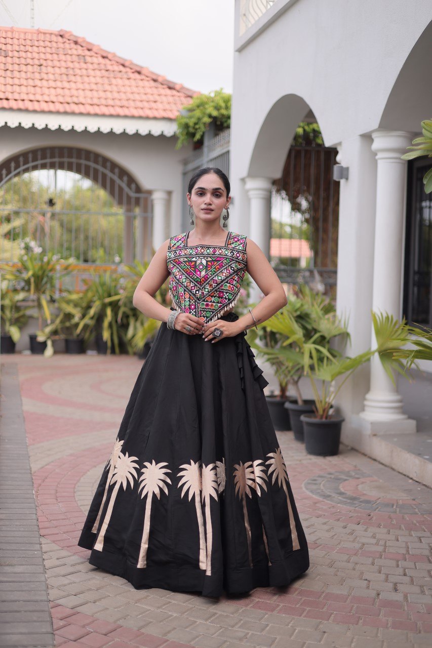 Navratri Roman Silk Lehenga Choli with Kutchi Gamthi Embroidery