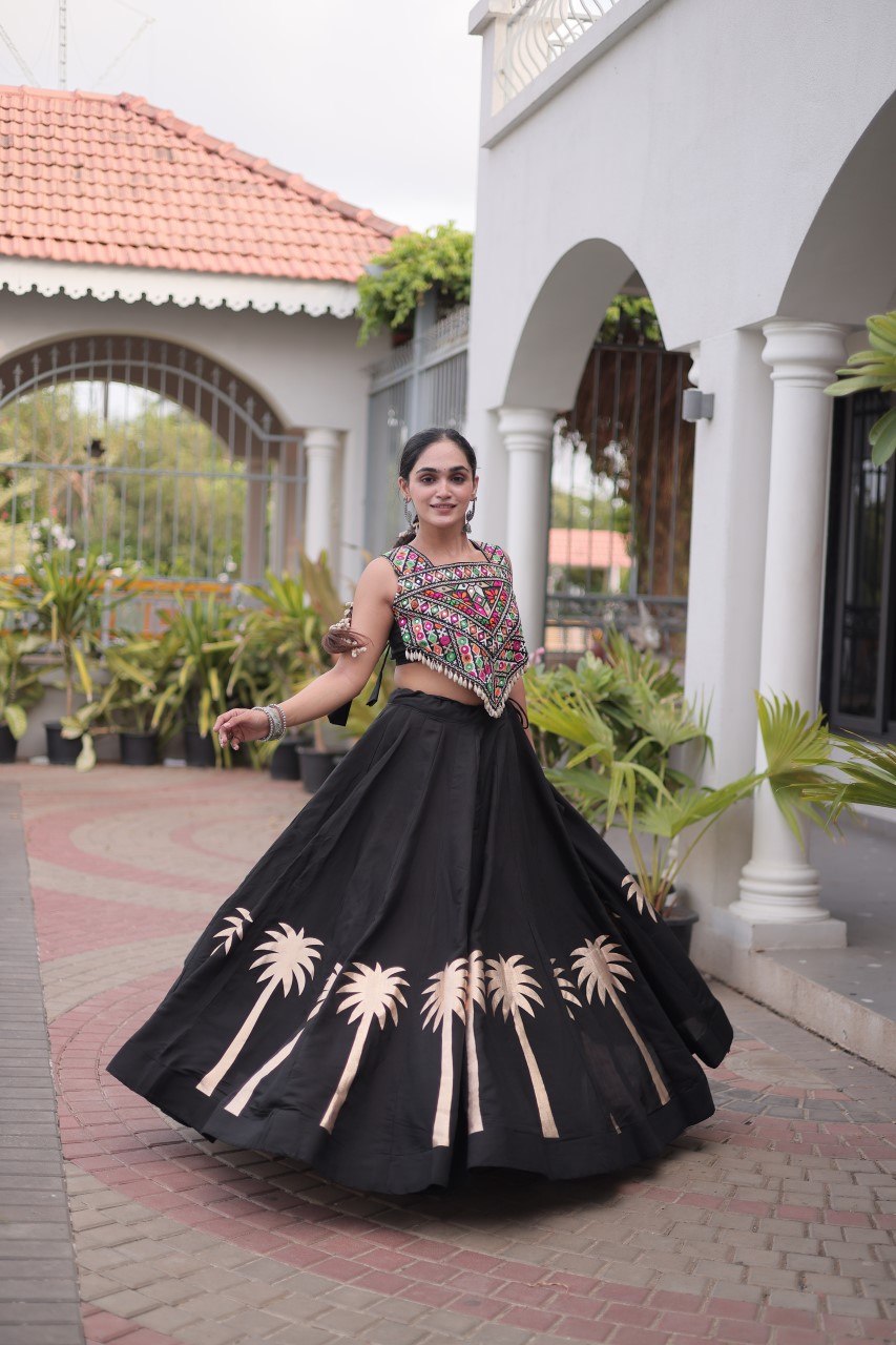 Navratri Roman Silk Lehenga Choli with Kutchi Gamthi Embroidery